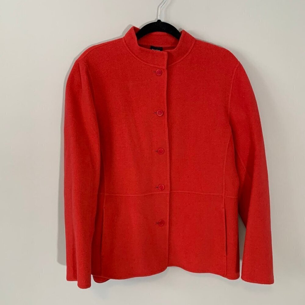 Eileen Fisher Red Boiled Wool Cashmere Blend Mock Neck Button‎ Front Jacket Med